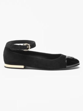 Chanel 24K Black Suede Patent CC Mary Jane Ankle Strap Ballerina Ballet Flat 40